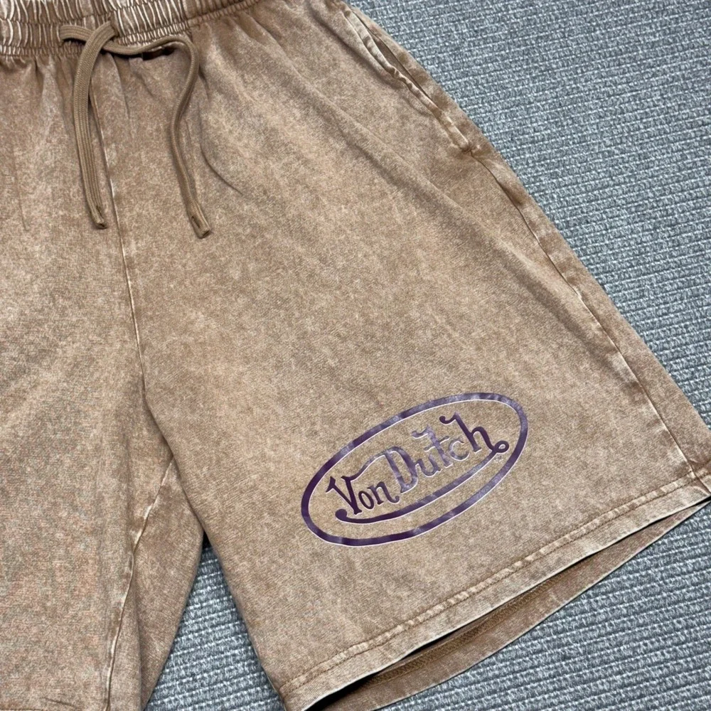 Von Dutch Mens Brown Acid Wash Sweat Shorts Purple Logo Size Small‎